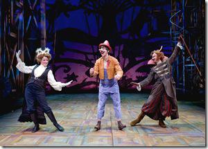 Cat (Heidi Kettenring) and Fox (Derek Hasenstab, right) trick Pinocchio (Skyler Adams) into believing he can grow a tree of money in Chicago Shakespeare Theater’s world premiere musical Review: Adventures of Pinocchio (Chicago Shakespeare)