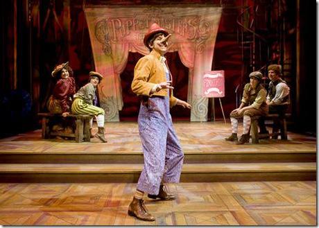 Pinocchio (Skyler Adams) performs his star act after joining the Puppet Master’s show in Chicago Shakespeare Theater’s world premiere musical Review: Adventures of Pinocchio (Chicago Shakespeare)