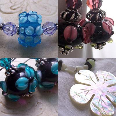 Clockwise from L to R: Celestial Flowers Bracelet, Faerie Flowers Earrings, Morning Flower Necklace, Blue Petals on Plum Earrings