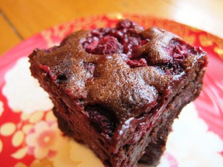 Two slices of raspberry brownie close up