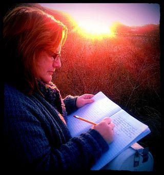 Plein air writing, enjoying the sunset. Do you see the melanoma scar on my right cheek?