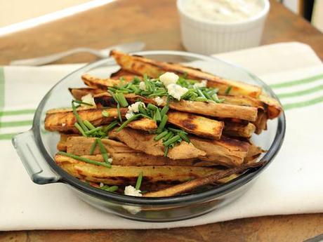 Sweet Potato Fries with Blue Cheese and Chives and a Citrus Blue Cheese Dip Sweet Potato Fries with Blue Cheese and Chives and a Citrus Blue Cheese Dip