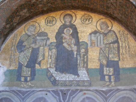 Left, Constantine with model of Constantinople; center, Mary and Jesus; right, Justinian and model of Hagia Sophia, 10th century