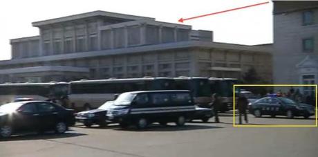 Pyongyang Centraal Railway Station's VIP section (annotated).  Also annotated is a car belonging to Inspector O's foils from the Pyongyang Traffic Bureau (Photo: KCTV screengrab)