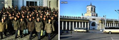 Party cell secretaries (L) arrive in Pyongyang, at the central railway station (R) on 26 January 2013 (Photos: KCNA)
