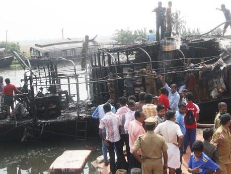 Blaze on water: The houseboat damaged in a fire at a jetty at Pallathuruthy, near Alappuzha, on Sunday. Blaze on water: The houseboat damaged in a fire at a jetty at Pallathuruthy, near Alappuzha, on Sunday.