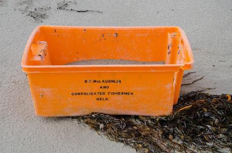 orange fishing tub washed up on beach