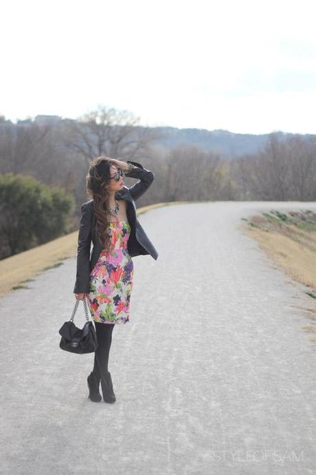 Winter Florals // Edgy Style of Sam, JCrew Ella dress, Elizabeth and James leather blazer, Bottega Venetta suede booties, Karen Walker number one sunglasses, Chanel soft and chain flap, Tom Ford aphrodisiac lipstick, outrage fashion emerald necklace