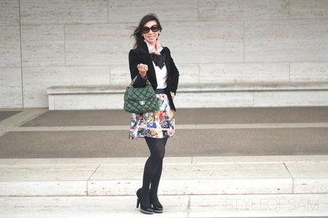Winter Florals // Sweet style of sam, lafayette 148 ruffle blouse, old navy velvet blazer, ted baker london decoupage floral skirt, chanel pearl platform pumps, chanel green bubble quilt bag, prada baroque sunglasses