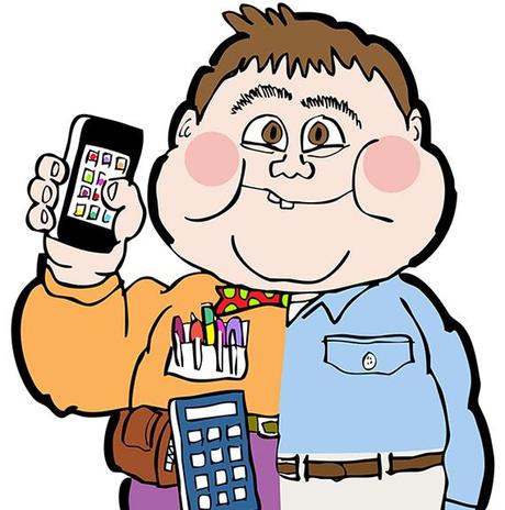 detail image for illustration that mimics the Garbage Pail Kids bubble gum cards that were a craze and very popular back in the 1980s shows a half-and-half kid one half a normal guy with khaki pants and loafers and button-down shirt, the other half a geek with loud ugly clothes, high-water pants pocket-protector, calculator, toolkit, iPhone, and untidy appearance