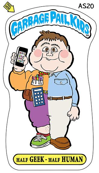illustration that mimics the Garbage Pail Kids bubble gum cards that were a craze and very popular back in the 1980s shows a half-and-half kid one half a normal guy with khaki pants and loafers and button-down shirt, the other half a geek with loud ugly clothes, high-water pants pocket-protector, calculator, toolkit, iPhone, and untidy appearance