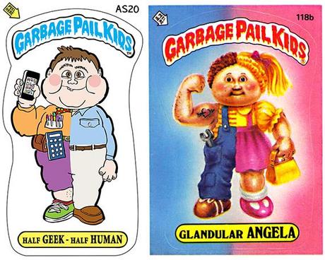 compare between tee shirt art Garbage Pail Kid design half-geek, half-human and original Garbage Pail Kid trading card Glandular Angela showing kid who is half-girl, half-boy