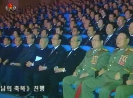 Students Hold Lunar New Year’s Concert DPRK central leadership attend schoolchildren's Lunar New Year's concert at Mangyo'ngdae Schoolchildren's Palace on 10 February 2013. In this image (L-R) are Kang Sok Ju; Yang Hyong Sop; Choe Tae Bok; Choe Yong Rim; Kim Yong Nam; Kim Ki Nam; VMar Kim Yong Chun; VMar Ri Yong Mu (Photo: KCTV screengrab)