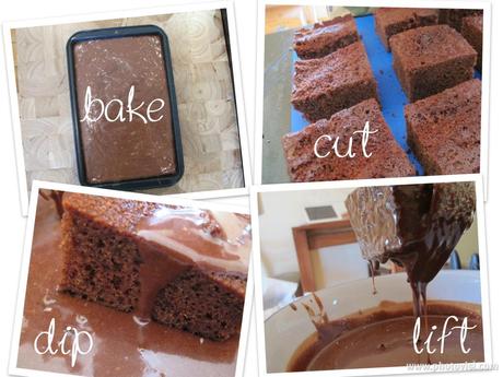 bake, cut, dip, lift chocolate lamingtons