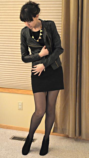 little black dress and leather jacket