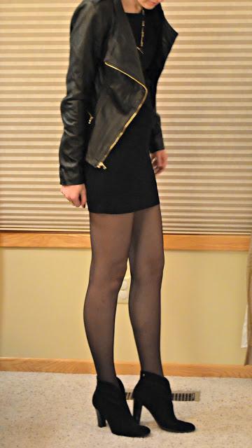 little black dress and leather jacket
