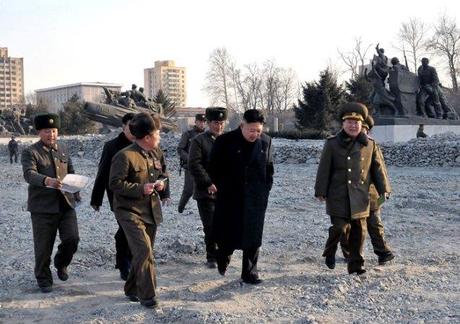 Kim Jong Un (2nd R) tours the renovation work at the Fatherland Liberation War (Korean War) Museum in Pyongyang.  Also in attendance is VMar Choe Ryong Hae (R), Director of the KPA General Political Department (Photo: Rodong Sinmun)