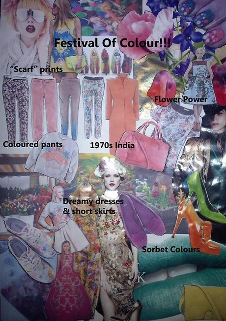 Festival Of Colour!
Trend board Spring 2013. A bright, colour filled time of year with Mardi Gras, Easter and of course Spring; flowering all around us! This hot trend is in direct contrast to the cooler ”Life Is Never Quite Black & White” version, though continues on the theme of Print Print Print!
Mixing and matching prints and textures or simply adding a touch of those sorbet colours, remember to keep the silhouette light and feminine. Flats are an integral part of this trend, keeping it grounded and mature, with printed trainers & bright ballerina pumps or a little heel  for evening. Think about the heat of India in the mist of its annual colour festival where the population throw coloured powders at each other and the streets are lined with every shade of plant and flower imaginable! Or try the retro styles of 1950s America & 60s London - thats what this trend is, a celebration of life and of the happiness that the spring sunshine brings to us after a cold and bleak winter. 
xoxo LLM