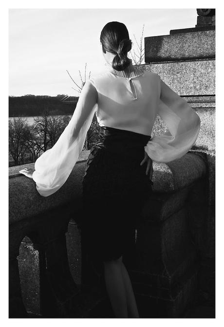 Dajana in “Hamilton Heights” by Oscar Correcher Sheer Blouse, Carolina Herrera Black Leather Skirt, Vera Wang