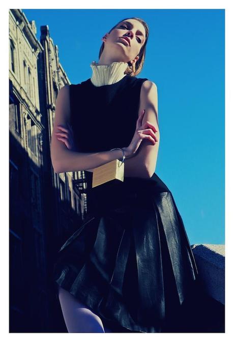 Dajana in “Hamilton Heights” by Oscar Correcher White Top, Pleats Please by Issey Miyake Dress, Chanel Pill Box Evening Bag, Chanel