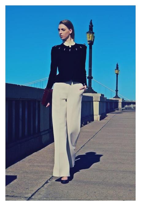 Dajana in “Hamilton Heights” by Oscar Correcher Studded Jacket, Chado by Ralph Rucci Trousers, Yves Saint Laurent Bag, Dooney and Burke Shoes, Diana Brussard
