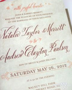 Wedding Invitation Design by “onelittlem” using Belluccia Calligraphy Font m_RusticSweetCoral-3