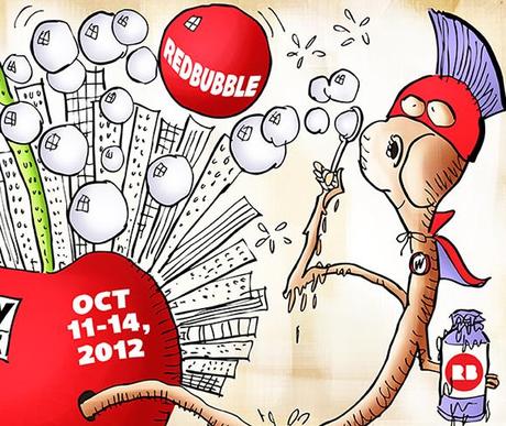 Alas, I Failed To Win The Big New York Comic Con Poster Contest detail image for Poster design for RedBubble contest for New York Comic Con comics and pop culture convention masked worm superhero emerging from apple representing Big Apple and blowing soap bubbles