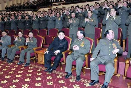 Kim Jong Un (1st row, 3rd R) attends a performance by the State Merited Chorus at the People's Theater in Pyongyang.  Also seen in the 1st row are: Kim Kyong Ok (L), VMar Kim Yong Chun (2nd L) VMar Choe Ryong Hae (3rd L) Gen. Hyon Yong Chol (2nd R) and Gen. Kim Kyok Sik (R) (Photo: Rodong Sinmun)