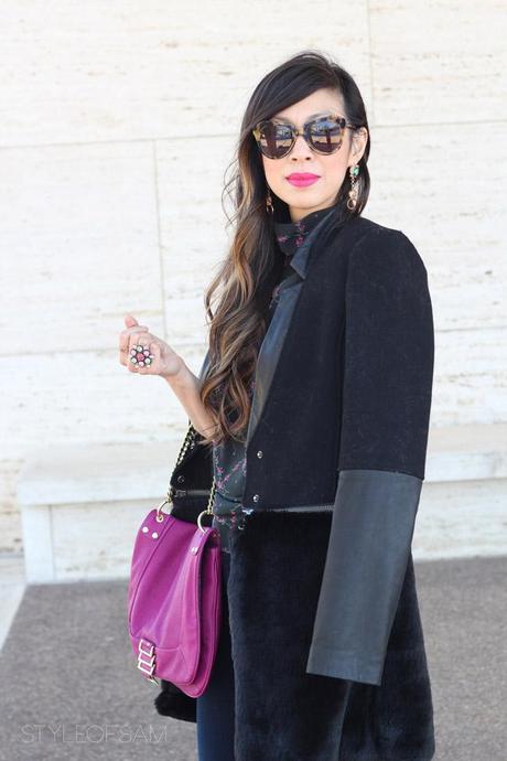 Coming Up Roses style of sam, karen walker number one sunglasses, ashley b fur and leather mix coat, outrage fashion cheetah earrings, tom ford aphrodisiac lipstick, vintage emanuel ungaro silk top, LOFT skinny jeans, enzo angiolini fuschia pumps, olivia & joy suspect flap