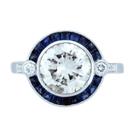 Art deco style engagement ring round art deco style diamond and sapphire engagement ring, art deco engagement ring