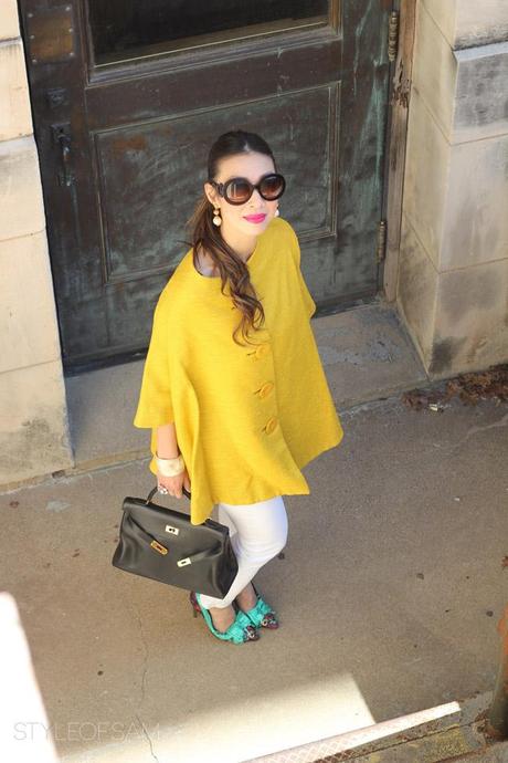 From Grandma with Love // Yellow Swing Jacket vintage yellow swing jacket, prada baroque sunglasses, joe's jenny jeans, lanvin for H&M floral bow heels, hermes kelly bag, jcrew grand stone bracelet, pearl drop earring, tom ford aphrodisiac lipstick