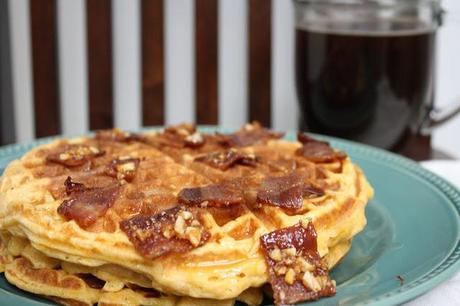 on sweet potato waffles with candied bacon...