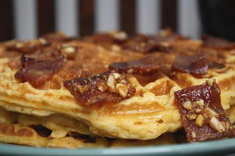 on sweet potato waffles with candied bacon...