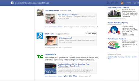 facebook newsfeed with Advertisements and pages suggestions