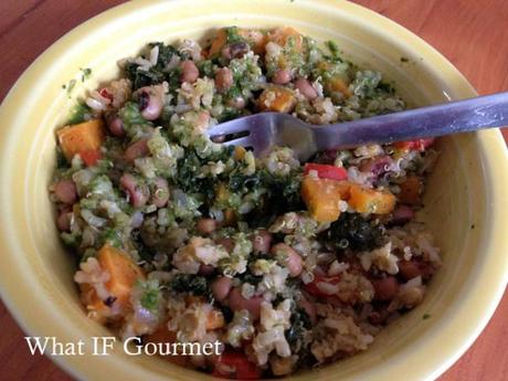 Vegetable pelau with mushrooms, kale, sweet potato, and red bell pepper.