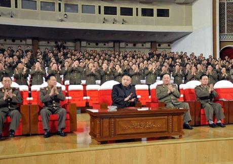 Kim Jong Un (C) applauds during a performance by the art propaganda squad of KPA Unit #531.  Also in attendance are VMar Hyon Chol Hae (L), VMar Choe Ryong Hae (2nd L) Gen. Hyon Yong Chol (2nd R) and Lt. Gen. Pak Jong Chon (R) (Photo: Rodong Sinmun)