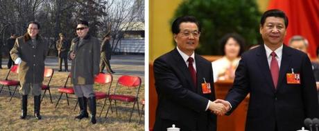 Kim Jong Un (2nd L) sent a message congratulating Xi Jinping (R) on his election as Chinese President on 14 March 2013.  Xi is seen shaking hands with his predecessor Hu Jintao (2nd R) at the National People's Congres in Beijing)  (Photos: KCNA file photo, Xinhua News Agency)