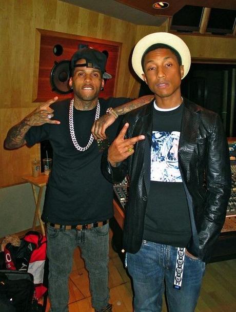 Pharrell in the studio with Kid Ink wearing a Lanvin...
