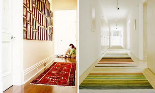 A gallery wall or a brightly colored rug give interest to long narrow spaces. Photo from Apartment Therapy.