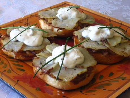 Bagel 'Pizzas' with Caramelized onions, Roasted Potatoes & Herbs topped with a faux Goat Cheese Creme Fraîche