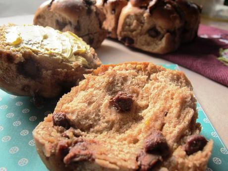 Chocolate chip hot cross buns with butter