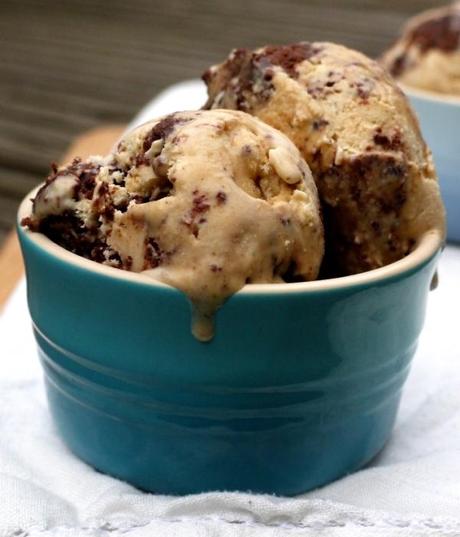 Peanut Butter Brownie Ice Cream with a Salted Caramel Swirl