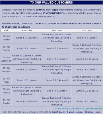 March 18-March 24, 2013 ILPI Rotataing Brownout Schedule