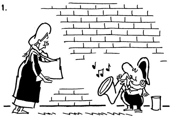 busker comic strip panel 1, woman approaching street musician playing saxophone, woman is reaching into her purse