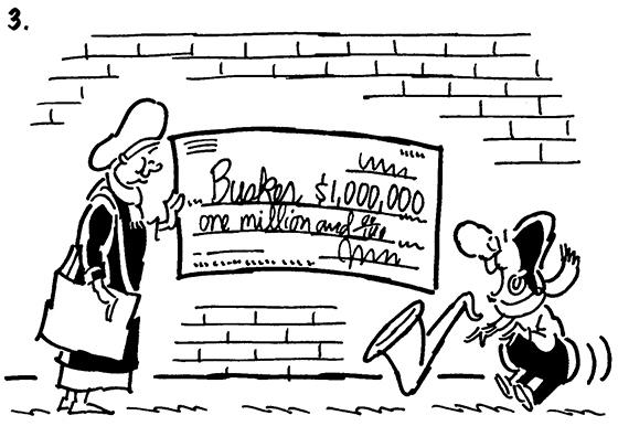 Busker comic strip panel 3, woman presents check for $1 million dollars to saxophone-playing street musician