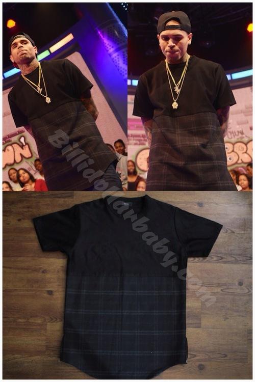Chris Brown hits up 106 and Park wearing a Rhude Plaid...