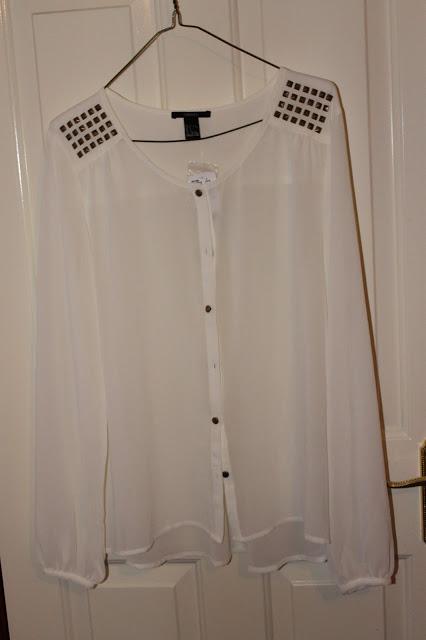 Cream sheer longsleeved shirt with gold stud detailing on the shoulder- Forever 21- £14.75