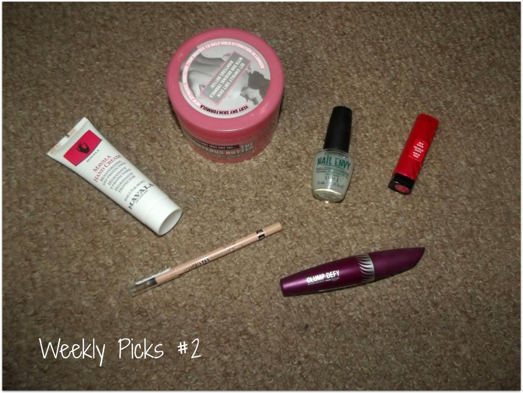 Weekly Picks, Mavala Hand Cream, Soap and Glory, The Righteous Body Butter, OPI, Nail Envy, Revlon Lip Butter, Wild Watermelon, Max Factor, Clump Defy Mascara, Rimmel, Scandaleyes Eye Liner, 