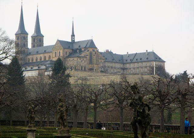 The rose garden is a great place for views of the huge monastery that overlooks Bamberg, Germany.