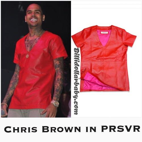 Chris Brown performs in PRSVR Leather V-Neck T-Shirt at DJ...